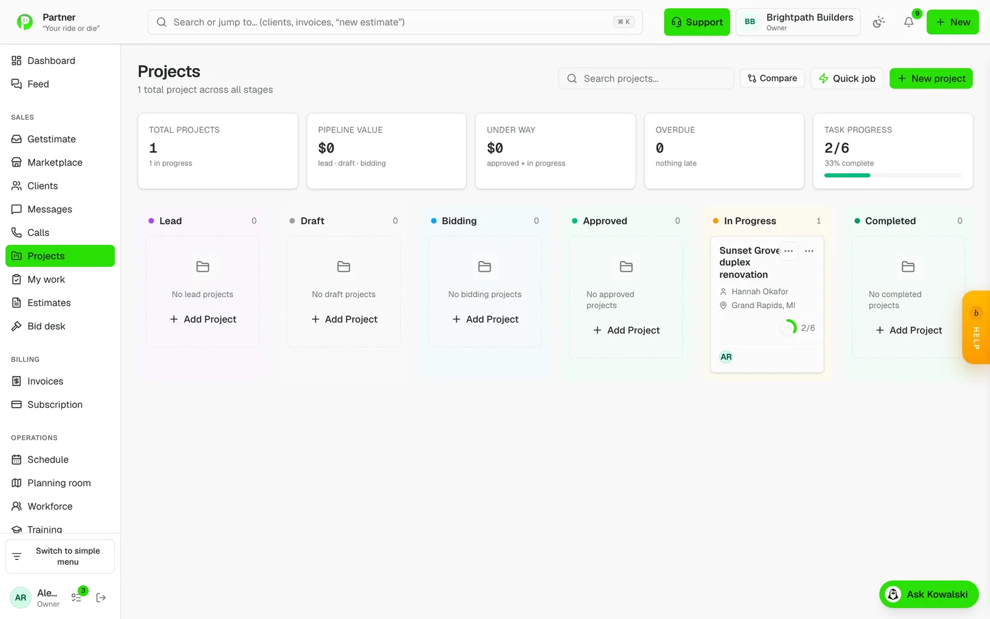Projects, tasks and job costing in Partner