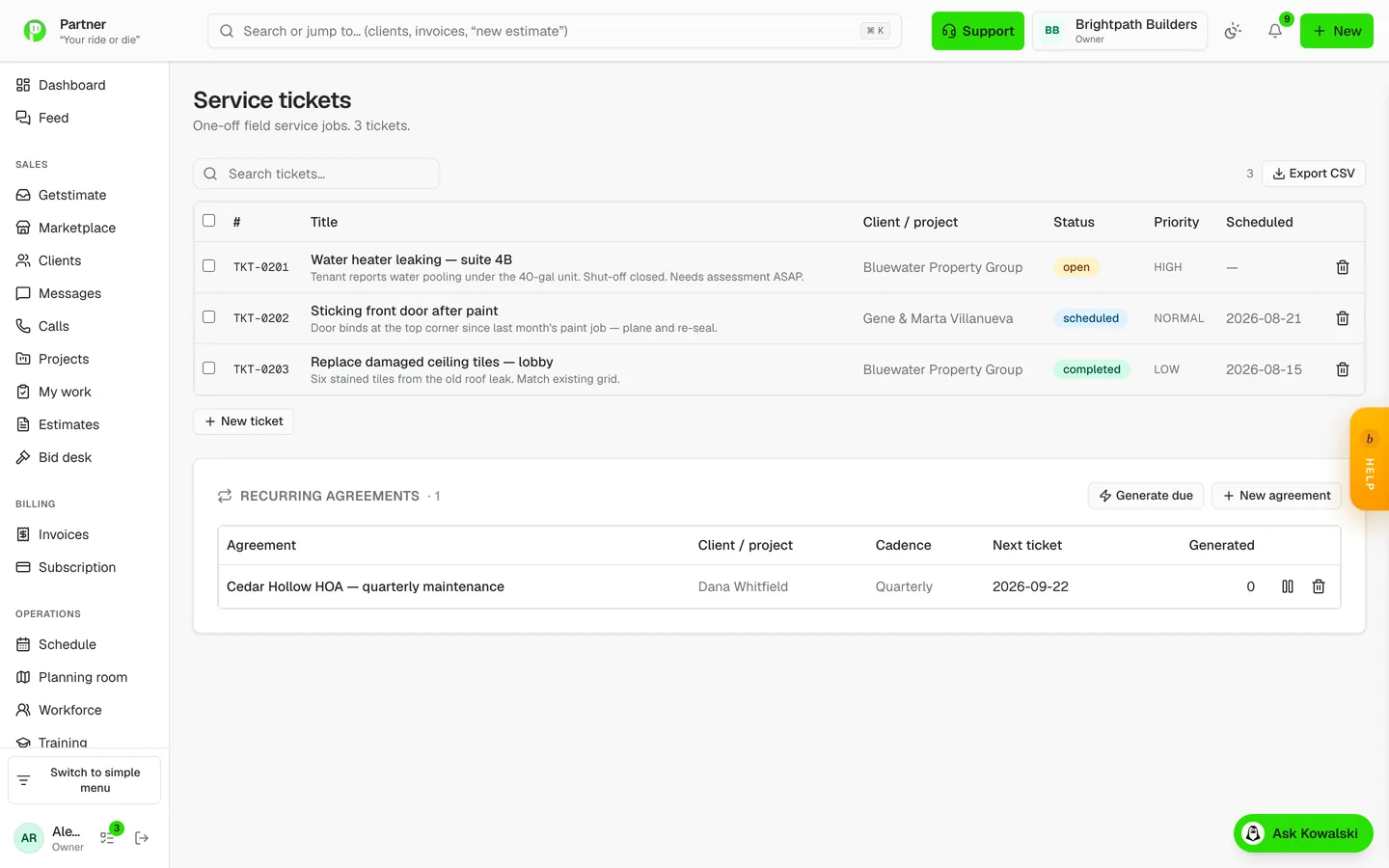 Service tickets in Partner